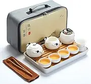 fanquare Portable Travel Tea Set, Handmade Kungfu Teapot, Porcelain Teacups, Bamboo Tea Tray with Travel Bag, White