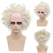 White Wig Men, Short Wavy Bald Wig Messy Mad Scientist Wig Old Man Wig Fluffy Crazy Funny Wig