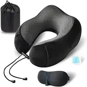 BLOODYRIPPA Travel Pillow with Storage Bag, Memory Foam Neck Support Pillow for Airplane Flights, Cars, Trains, Also Come with Sleep Mask and Earplugs, Black