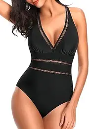 [Tempt Me] Women Sexy Halter One Piece Swimsuits Mesh Hollow Out Tummy Control Monokini V Neck Bathing Suit