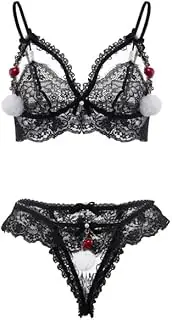 [OSUGA] Sexy Floral Lace Sheer Lingerie Set Cute Strappy Embroidered Mesh See Through Panty Bra with Thong