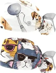 [YTYVAGT] 2-Pc,Nurse Scrub Caps,Scrub Hats with Buttons and Cotton Sweatband,Cartoon Dog Cartoon Style