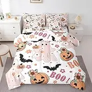 Castle Fairy Kawaii Ghost Comforter Set 7 Pieces Twin Size,Funny Pumpking Lantern Bedding Set for Kids Teens,Cartoon Bats Silhouette (Comforter+Fitted+Flat Sheet+2 Pillowcases+2 Throw Pillow Covers)