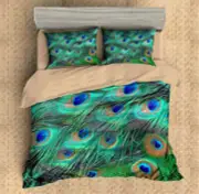 Green Peacock Feathers 3D Digital print Bedding Duvet Quilt Cover Pillowcase