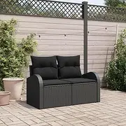 2-Seater Garden Sofa with Cushions for Outdoor Balcony, Black Poly Rattan Lounge Chair - Folding Couch for Reading, Living Room Rest