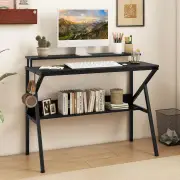 CostwaySpace Saving Computer Desk with Monitor Stand and Extra Storage Shelf-Black