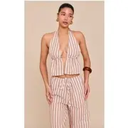 Stone Striped Cotton Halterneck Backless Plunge Top, Stone