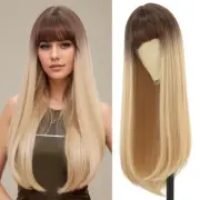 Long Straight Blonde Mixed Wig with Brown Roots 28in Light Blonde Bangs Wig N...