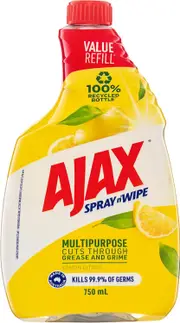 2 x Ajax Spray n' Wipe Multi-Purpose Cleaner Refill, Value Pack 750mL, Lemon Citrus, Antibacterial Disinfectant, Household Grade