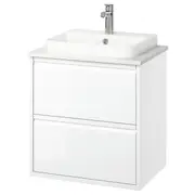ÄNGSJÖN / BACKSJÖN wash-stnd w drawers/wash-basin/tap, high-gloss white/white marble effect, 62x49x71 cm