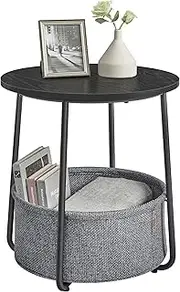 VASAGLE Side Table, Round End Table with Fabric Basket, Spacious, for Living Room Bedroom, Bedside Table, Modern Style, Ebony Black and Slate Grey LET223B01