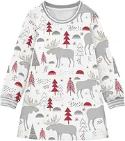 [Joisal] Nordic Moose Forest Gray Dresses Girls, Long Sleeve Dress for Girls, Christmas Dress for Little Girls, Nordic Moose Forest Gray, 3 Years