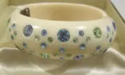 Vintage WEISS Blue Green Rhinestone Bangle Clamper White Thermo Plastic Bracelet