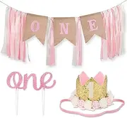 1st Birthday Girl Decorations with Crown - 1 Year Old Baby First Birthday Decorations Girl - Princess Theme Cake Smash Party Supplies - ONE High Chair Banner, Cake Topper, Princess Flower Crown