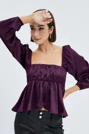 Red Top Long Sleeve Square Neck Shirred Ruched Satin - Size 12, Women's Top