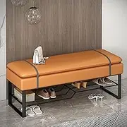 Modern Upholstered Entryway Bench with Leatherette Strap and Metal Legs Versatile Indoor Furniture for Dining Room Living Room Hallway Kitchen Stylish Orange Accent Bench