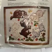 Ruth Morehead PUPPIES & KITTENS 1980 Columbia Minerva CREWEL Embroidery Kit VTG.