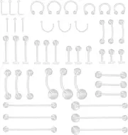 [CrazyPiercing] 45pcs Clear Piercing Retainers Bioflex Nose Tongue Nipple Belly Rings Assorted Clear Plastic Body Piercing Jewelry for Women Man