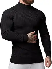 [Generic] Men's Stretch Muscle Tshirts Turtleneck Long Sleeve Knit Tees Casual Slim Fit Basic Shirt Tops