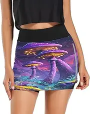 [Joisal] Tree Roots Sunset Active Skort with Pockets High Waisted Tennis Skirts for Women for Skater Golf Running Workout, Fantasy Mushrooms Purple, Small