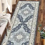Boho Runner Rug, 2' x 6' Washable Rugs for Hallway Faux Wool Small Kitchen Area Rug Distressed Throw Rug Non-Slip Laundry Room Rug Carpet Runner for Entryway Indoor Bedroom Blue