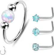 [Lubgitsr] Nose Rings, 4Pcs Hoops Nose Stud Blue Set, G23 Stainless Steel 18g Opal Nose Rings, 20g l-Shaped Nose Studs, Hypoallergenic Nose Hoop For Women, Piercing Jewelry, Tragus Helix Rook Lip Ring, About 1