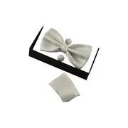 Mens Ivory Checkered Matching Bow Tie, Pocket Square & Cuff Links Set
