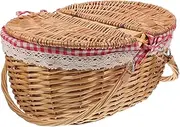 INOOMP Wicker Picnic Basket with Liner, Wooden Split Lid Picnic Basket Plaid Cloth Lining Vintage Country Picnic Hamper Folding Woven Handle for Camping Outdoor S