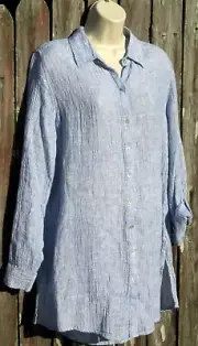 NWT Tahari Crinkle Linen Heather Blue/White Roll Tab Sleeve Top Tunic S, M, XL