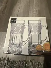 2 Mikasa Floral Trellis 12oz Crystal Beer Mugs Frosted Etched Design new in box