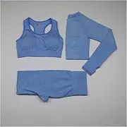 Vital Seamless Yoga Set Woman Sportswear 3 Pieces Long Sleeve Crop Top+Gym Leggings+Sport Brassiere Female Fitness Sports Suits (Color : 3 pcs Sky Blue Set, Size : L)