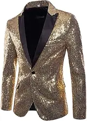[Generic] Men's Sequins Suit Jacket Shiny Sparkly One Button Blazer Glitter Clothes Party Tuxedo Wedding Prom Festival Costume, C-gold, Large