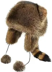 [CurcKua] Raccoon Hat for Kids, Soft Cozy Thick Warm Furry Hat, Cute Coonskin Hat with Tail, Adjustable Scene Hat for Cold Weather Furs Hat Furry Hat Racoon Hat Coonskin Hat