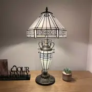 Tiffany Style Table Lamp White Stained Glass Shade And Base LED Bulbs 22"H*12'W