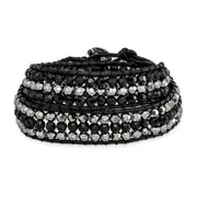 14 Inch Black Aurora Borealis/Grey Crystal Bead/Leather Multi-Wrap Bracelet