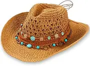 [LIKEYO] Cowboy Hat for Women Western Straw Cowgirl Hat Boho Wide Brim Brown Sun Hat with Two Decorative Bands, Brown, 0