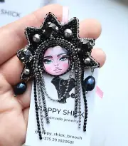 Matryoshka nesting dolls beaded brooch, black doll jewelry pin