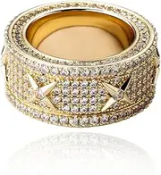[TUSRORSU] Bling Punky Rapper Luxury Trendy Rings for Men 14K Gold Plated Shiny Iced out Men Hip Hop Cubic Zirconia Engagement Rings