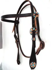 Browband Headstall Horse Copper Arrow Turquoise Conchos Buckles Choc Leather Tie