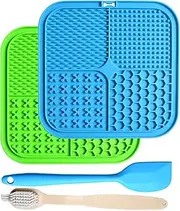 Lick Mats for Dogs & Cats - 2 Pack Licking Pad with Suction Cups for Dog Anxiety Relief, Slow Feeder Dog Bowls, Perfect for Bathing Grooming and Training (Green/Blue + Spatula & Brush)