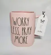 Rae Dunn WORRY LESS, PRAY MORE Mug Pink Coffee Mug Ceramic Brand New With Tag