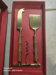 Talbot's Two Cheese Knives & Corkscrew Wintertaining Set Bamboo Style NIB