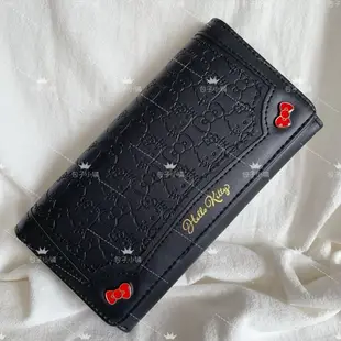 《包子小舖》台灣現貨 日系單品 凱蒂貓 HELLO KITTY 黑色 壓紋 按釦 多卡槽 皮革 長夾 皮夾 錢包