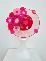 Miss Whimsical. Womens Red & pink percher headband fascinator w 3d floral lace