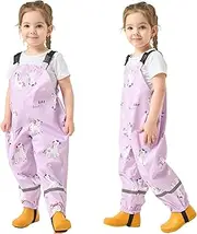 [Fewlby] Toddler Waterproof Rain Bib Pants, Girls Rain Pants Kids Cartoon Rain Trousers Lightweight Mud Pants Rainwear
