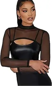 [IYWISH] Mesh Crop Tops for Women Mock Neck Long Sleeve See Through Shirt Sexy Clubwear Open Front Shrug Fishnet Cover Ups Shirt Top