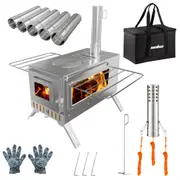 FIN Portable Tent Stove Camping Wood Burning Stove Backyard Stove w/ 7 Chimney Pipes
