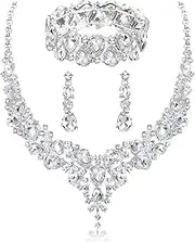[ABDOT] Rhinestone Bridal Jewelry Sets for Women Crystal Necklace Earrings Bracelet Set Silver-Tone Wedding Bridal Bridesmaid Gifts fit with Wedding Dress
