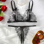 Floral Lace Sexy Lingerie Bow Open Split Cup Intimates Bra And Thongs Sets Crotc