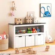 Giantex Kids Storage Cabinet Toy Organiser w/Blackboard Top & 3 Rolling Bins & Open Shelf Toy Display Chest Kids Room Playroom